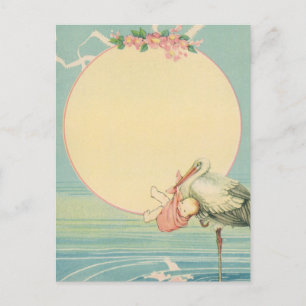 Carte Postale Vintage cigogne avec petite fille dans une couvert