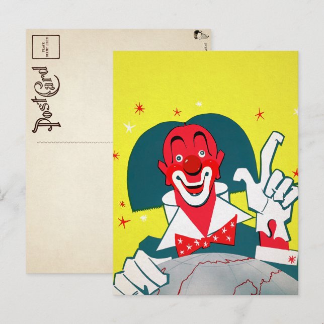 Carte postale vintage clown rouge (Devant / Derrière)