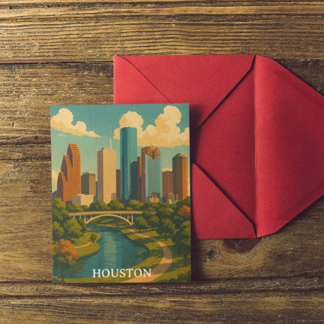 Carte Postale Vintage coloré Houston Texas Skyline (Colorful Vintage Houston Texas Skyline Postcard)