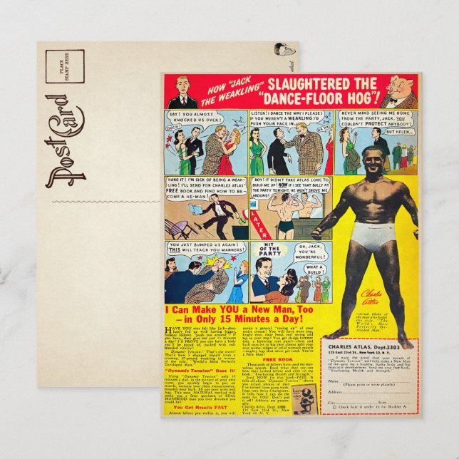 Carte Postale vintage Comic Book Muscle Publicité (Devant / Derrière)