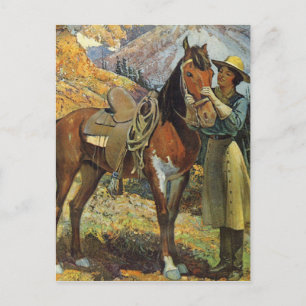 Carte Postale Vintage Cowgirl et Cheval