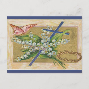 Carte Postale Vintage Croix de Pâques épines Fleurs Papillon