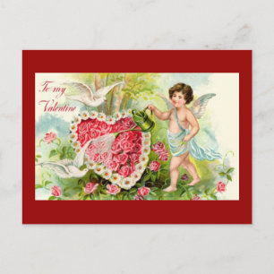 Carte Postale Vintage Cupid arrosé coeur de fleurs