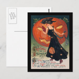 Carte Postale Vintage dame en noir et Jack o' Lantern