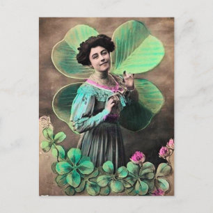 Carte Postale VINTAGE DAME ET LUCKY SHAMROCK St Patrick's Day