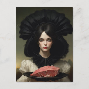 Carte Postale Vintage dame et viande crue sur Plateau