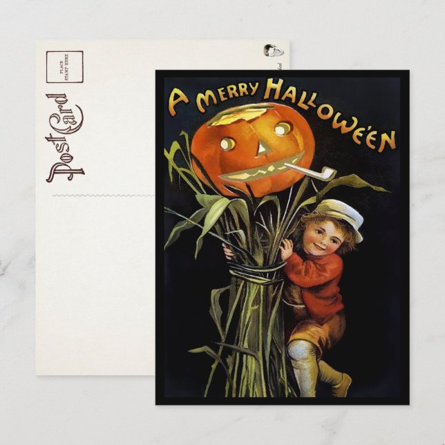 Carte postale vintage de fille aux citrouilles pou (Devant / Derrière)