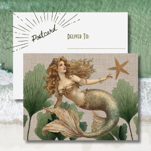 Carte postale vintage de sirène et d'étoile de mer