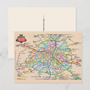 Carte postale vintage du plan du métro de Paris Fr