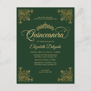Carte Postale Vintage Emerald Green Gold Frame Tiara Quinceanera