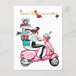 Carte Postale Vintage femme de Noël sur scooter rose