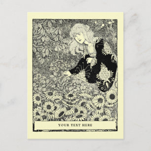 Carte Postale Vintage Fille Art Nouveau au champ de fleurs