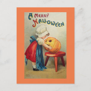 Carte Postale Vintage fille avec Citrouille