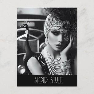 Carte Postale Vintage fille rétro glamour avec paon