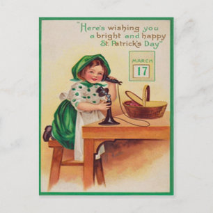 Carte Postale Vintage Fille Téléphone St Patrick's Day Card