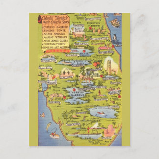 Carte Postale Vintage Florida Attractions Map 