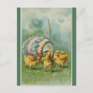 Carte Postale Vintage Four Chicks Oeuf et Église Pâques