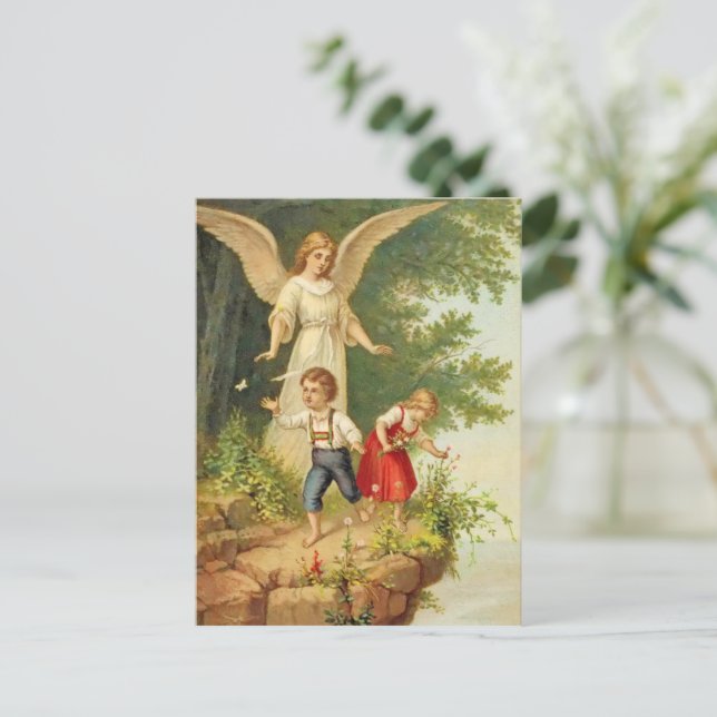 Carte Postale vintage gardienne ange enfants cliff (Debout devant)