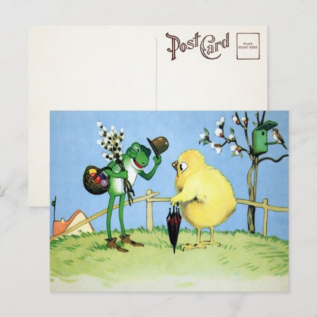 Carte postale vintage grenouille et poussin (Devant / Derrière)