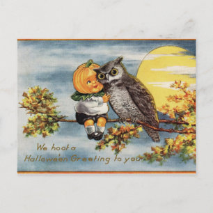 Carte postale vintage Halloween hibou lune citroui