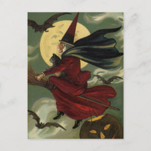 Carte Postale Vintage Halloween sorcière Broomstick avec chat