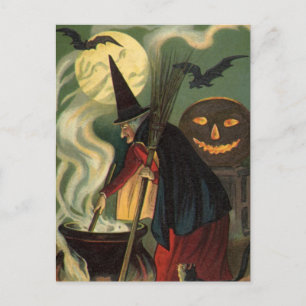 Carte Postale Vintage Halloween sorcière Stirring Magique Cauldr