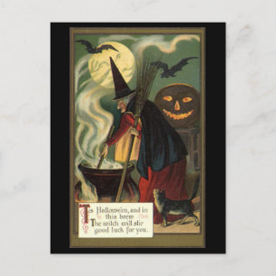 Carte Postale Vintage Halloween sorcière Stirring Magique Cauldr