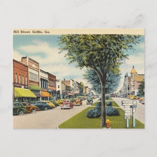 Carte Postale Vintage, Hill Street, Griffin, Géorgie (Devant)