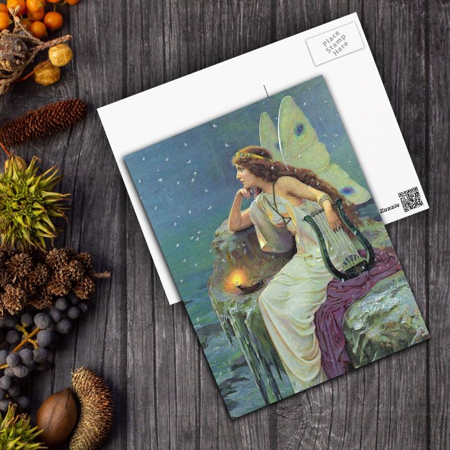 Carte Postale Vintage Jolie Fée Fae Harp Candle Océan (Vintage image pretty fairy with harp on cliff by ocean with candle on postcard.)