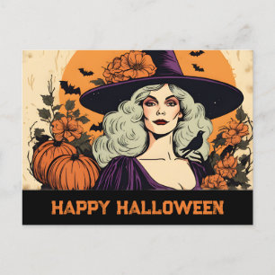 Carte Postale Vintage jolie femme sorcière Fleur Halloween heure