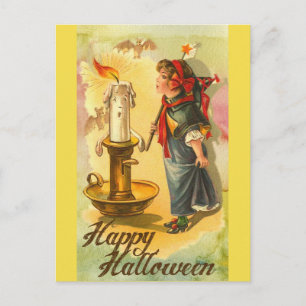 Carte Postale Vintage Joyeuse Fille Halloween soufflant la bougi