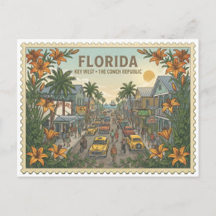 Carte Postale Vintage Key West Floride rue Duval Conch Républiqu