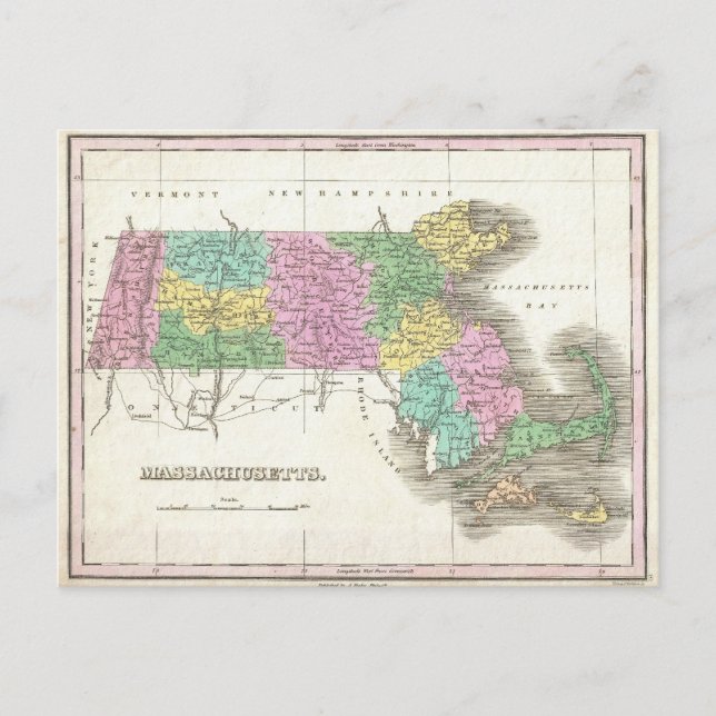 Carte Postale Vintage Map of Massachusetts (Devant)