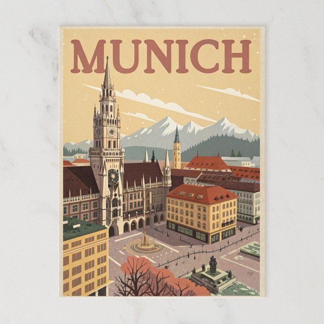 Carte Postale Vintage Munich Marienplatz & Alpes (Créateur téléchargé)