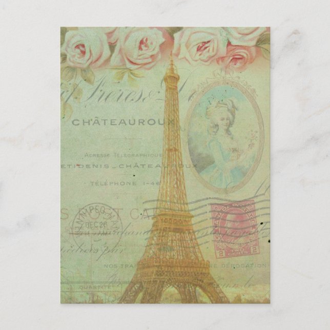 Carte Postale Vintage Paris Eiffel Tower Roses French Inspired (Devant)