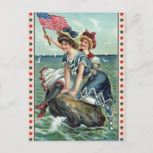 Carte Postale Vintage Patriotic Beach Women Postcard