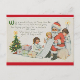 Carte Postale Vintage Père Noël avec sa liste et ses enfants Noë