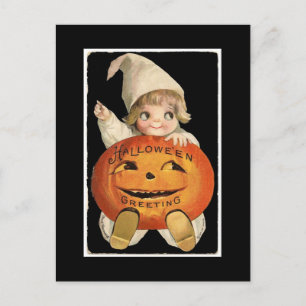 Carte Postale Vintage petite fille avec grand Citrouille d'Hallo