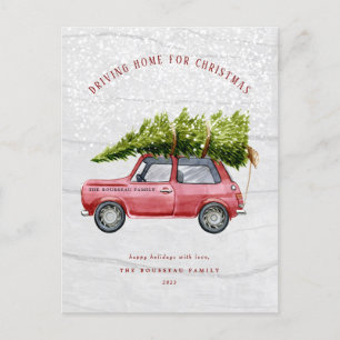 Carte postale vintage Retro Car Tree Snow Family