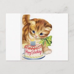 Carte Postale Vintage Retro Cat Kitten Anniversaire Gâteau Salut