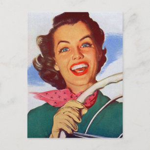 Carte Postale Vintage Rétro femme conducteur derrière la roue