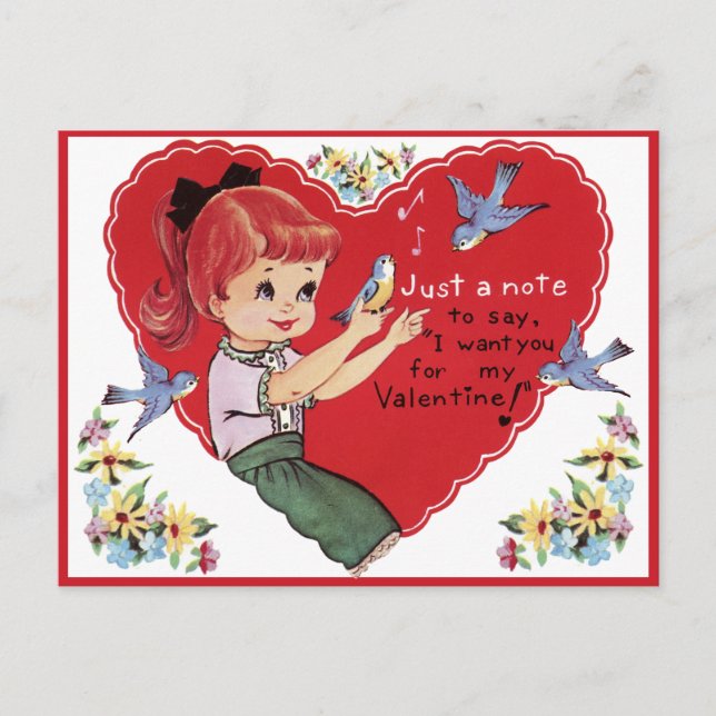 Carte Postale Vintage Retro Girl avec Bluebirds Saint-Valentin (Devant)