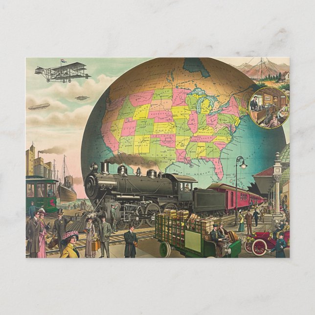 Carte Postale Vintage Retro Steampunk World Globe Transport (Devant)
