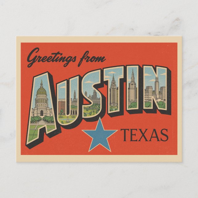 Carte Postale Vintage "Salutations d'Austin, Texas (Devant)