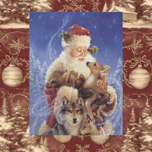 Carte Postale Vintage Santa with Bear Deer and Wolf