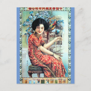 Carte Postale Vintage Shanghai Chine femme avec perroquet