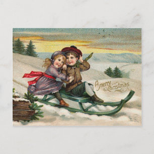 Carte Postale Vintage Sledding Garçon Et Fille