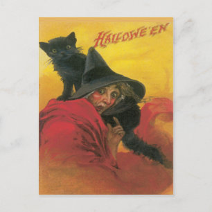 Carte Postale Vintage Sorcière Et Chat Noir