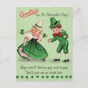 Carte Postale Vintage St. Patrick's Day Enfants portant un Casqu