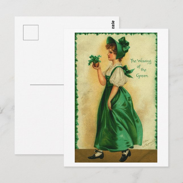 Carte Postale Vintage St. Patrick's Day Lass en vert (Devant / Derrière)